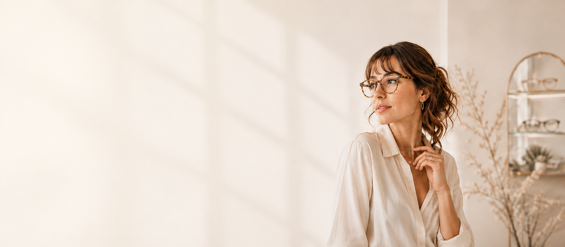 Stylish eyewear model in a warm optical boutique setting